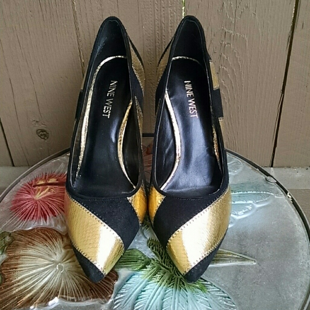 Nine West Tik Tok black and gold heels